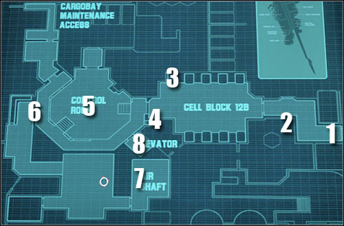 Map legend: 1 - starting area - Assault on Dark Athena - Celldecks Riot - Assault on Dark Athena - The Chronicles of Riddick: Assault on Dark Athena - Game Guide and Walkthrough