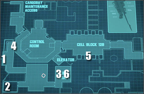 Map legend: 1 - starting area and a Bounty Card - Assault on Dark Athena - Data Pad - Assault on Dark Athena - The Chronicles of Riddick: Assault on Dark Athena - Game Guide and Walkthrough