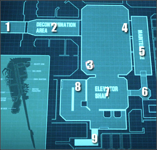 Map legend: 1 - starting area - Assault on Dark Athena - Cargo Deck - part 1 - Assault on Dark Athena - The Chronicles of Riddick: Assault on Dark Athena - Game Guide and Walkthrough