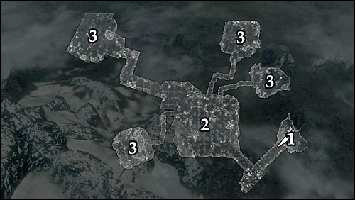 Markings on the map: 1 - Start place; 2 - Location of the first witch; 3 - Locations of the other witches - Bloods Honor - The Companions quests - The Elder Scrolls V: Skyrim Game Guide