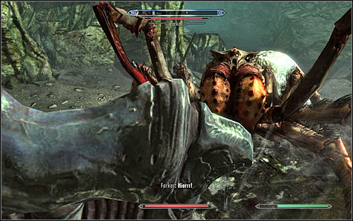 Be very careful, because after getting inside a small cave youll be attacked by frostbite spiders, leaded by larger and stronger giant frostbite spider (screen above) - Proving Honor - p. 1 - The Companions quests - The Elder Scrolls V: Skyrim Game Guide