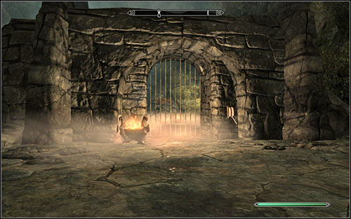 In order to continue on with the quest, you will have to head north-east (screen above) and pull the lever to raise the bars - Staff of Magnus - p. 2 - College of Winterhold quests - The Elder Scrolls V: Skyrim Game Guide