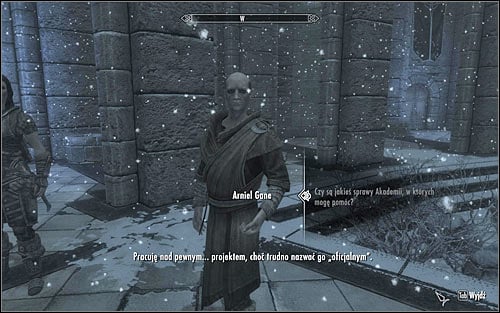Find Arniel Gane, whos probably at the main square of the College of Winterhold - Arniels Endeavor - p. 1 - College of Winterhold quests - The Elder Scrolls V: Skyrim Game Guide
