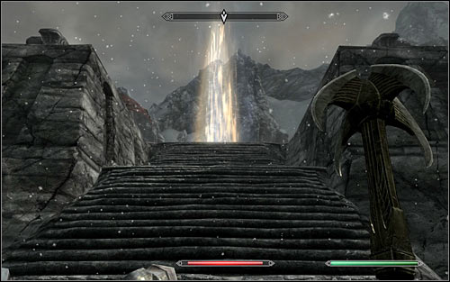 After securing the lower part of the roof, stand opposite to the stairs leading to the upper level (screen above) - Reaching the portal | The World-Eaters Eyrie - The World-Eaters Eyrie - The Elder Scrolls V: Skyrim Game Guide