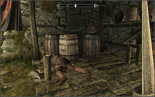 In accordance with the received hint, it would be good to examine the barrel marked by the game (screen above), hiding a minor health potion, minor stamina potion and minor magic potion - Getting through the Keep with Hadvar | Unbound - Unbound - The Elder Scrolls V: Skyrim Game Guide