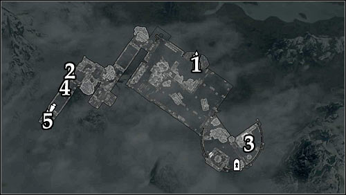 Markings on the map: 1 - Main entrance; 2 - Suggested side entrance; 3 - Ghunzuls whereabouts; 4 - Cage with the button; 5 - Passage to the vaults. - Pieces of the Past - p. 1 - Daedric quests - The Elder Scrolls V: Skyrim Game Guide