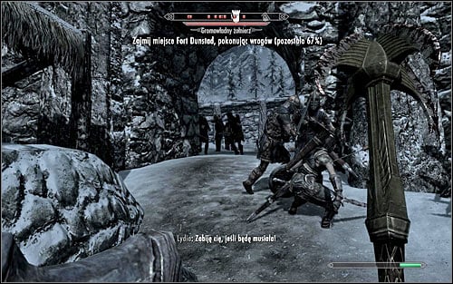 After clearing out the main courtyard, choose the path leading to the west part of the fort, surrounded by barricades (the above screen) - Battle for Fort Dunstad | Imperial Legion Quests - Imperial Legion Quests - The Elder Scrolls V: Skyrim Game Guide