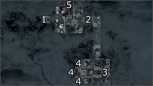 Labels on the map: 1 - secret prison entrance; 2 - corridor leading to cells; 3 - probable whereabouts of a guard with the cell key; 4 - cells with the imprisoned Legionnaires; 5 - route to the main courtyard - Rescue from Fort Kastav | Imperial Legion Quests - Imperial Legion Quests - The Elder Scrolls V: Skyrim Game Guide