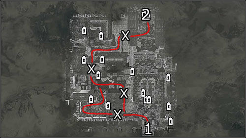Labels on the map: red lines - free routes; 1 - starting point, 2 - entrance to the Palace of the Kings; X - barricades you can break through - Battle for Windhelm | Imperial Legion Quests - Imperial Legion Quests - The Elder Scrolls V: Skyrim Game Guide