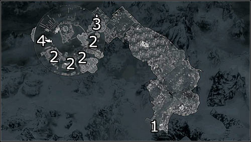 Labels on the map: 1 - starting point; 2 - cells with the Stormcloak soldiers; 3 - entrance to the roof; 4 - entrance to the main courtyard - Rescue from Neugrad - p.1 | Stormcloak Rebellion Quests - Stormcloak Rebellion Quests - The Elder Scrolls V: Skyrim Game Guide