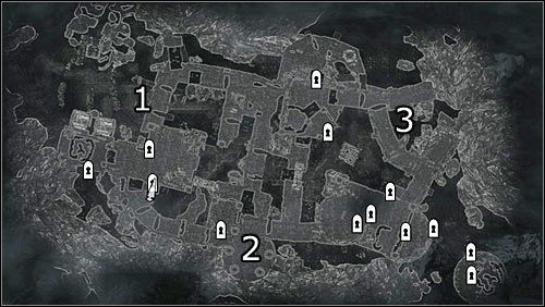 Labels on the map: 1 - main fort entrance; 2 - south fort entrance (hard to get to); 3 - northeast fort entrance (hard to get to) - The Battle for Fort Sungard | Stormcloak Rebellion Quests - Stormcloak Rebellion Quests - The Elder Scrolls V: Skyrim Game Guide