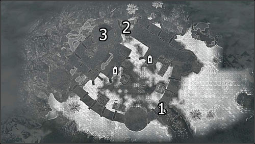 Labels on the map: 1- main fort entrance; 2- north fort entrance; 3 - suggested entrance for r combat - The Battle for fort Hraggstad | Stormcloak Rebellion Quests - Stormcloak Rebellion Quests - The Elder Scrolls V: Skyrim Game Guide