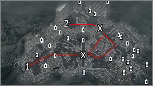 Labels on the map: red lines - available routes; 1 - starting point; 2 - Castle Dour entrance; X - barricades to break through - Battle for Solitude | Stormcloak Rebellion Quests - Stormcloak Rebellion Quests - The Elder Scrolls V: Skyrim Game Guide