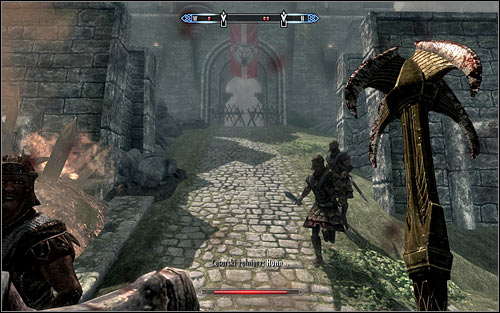 Turn northwest when you reach one the main streets of Solitude, and head toward the second barricace, set by the entrance to Castle Dour (the above screen) - Battle for Solitude | Stormcloak Rebellion Quests - Stormcloak Rebellion Quests - The Elder Scrolls V: Skyrim Game Guide