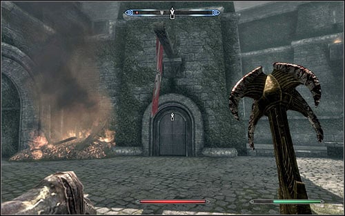 New Legionnaires are waiting in the castle courtyard, and you can take care of them or run to the north door (the above screen) leading inside Castle Dour right away - Battle for Solitude | Stormcloak Rebellion Quests - Stormcloak Rebellion Quests - The Elder Scrolls V: Skyrim Game Guide