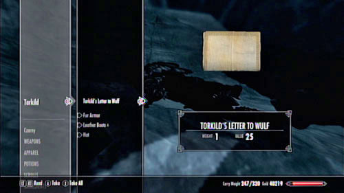 Take a look at the corpse and take the Letter to Wulf - Skyrim Dragonborn: Filial Bonds - Skyrim Dragonborn: Side missions - Skaal Village - The Elder Scrolls V: Skyrim - Dragonborn Game Guide