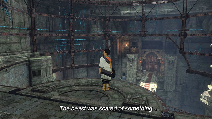 After you reach the structure resembling a cage, lower yourself onto it - Cross the first ruins using the mirror | Walkthrough - Walkthrough - The Last Guardian Game Guide