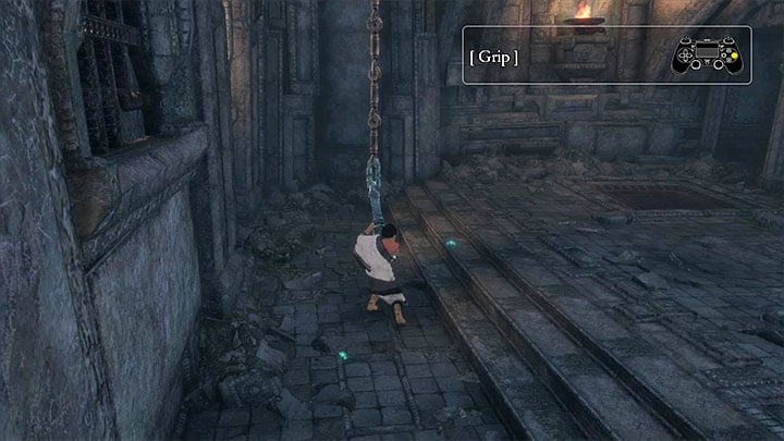 First, hold on to the chain and dash towards the wall - Solve the chain puzzle in the chamber with suits of armor | Walkthrough - Walkthrough - The Last Guardian Game Guide