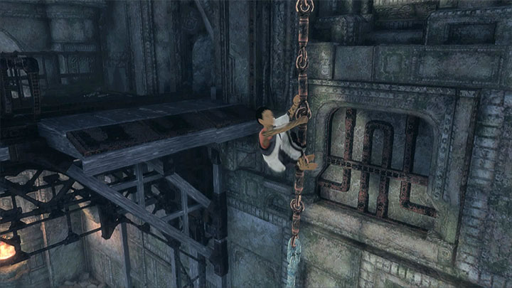 If you gained sufficient momentum, the chain will move close enough to the ledge with the stained glass pane - Solve the chain puzzle in the chamber with suits of armor | Walkthrough - Walkthrough - The Last Guardian Game Guide
