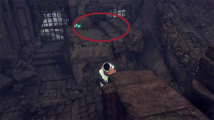 With the barrel, walk over to the lower end of the slanting platform and toss it to the neighboring ledge (shown in the above screenshot), which is the one close to the point, where you have initially found the barrel - Free yourself after the fall and bring Trico a barrel | Walkthrough - Walkthrough - The Last Guardian Game Guide