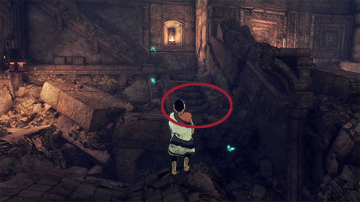 Pick up the barrel, turn right and throw it at the ledge shown in screenshot 1 - Free yourself after the fall and bring Trico a barrel | Walkthrough - Walkthrough - The Last Guardian Game Guide