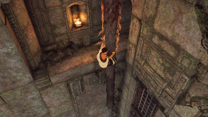 Descend using Tricos tail, and jump on the ledge nearby. - Eliminate enemies with shields | Walkthrough - Walkthrough - The Last Guardian Game Guide