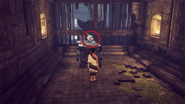 Now you can go get the barrel - Feed Trico and get out of the hall with the large dome | Walkthrough - Walkthrough - The Last Guardian Game Guide