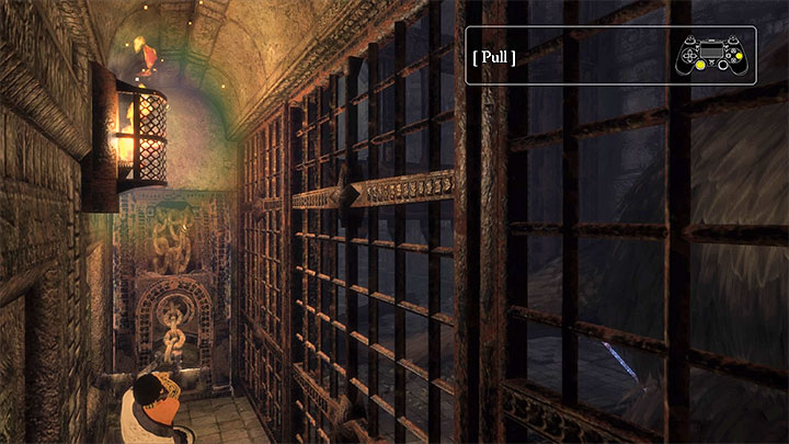 Use the lever to open the gate and free Trico - Lift the grate that Tricos tail is caught in | Walkthrough - Walkthrough - The Last Guardian Game Guide