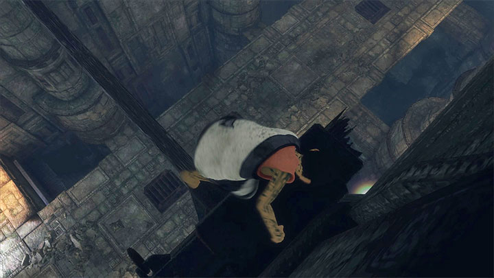 Along your path, lower yourself onto the horizontal beams below - Cross two chambers with rotating guards | Walkthrough - Walkthrough - The Last Guardian Game Guide