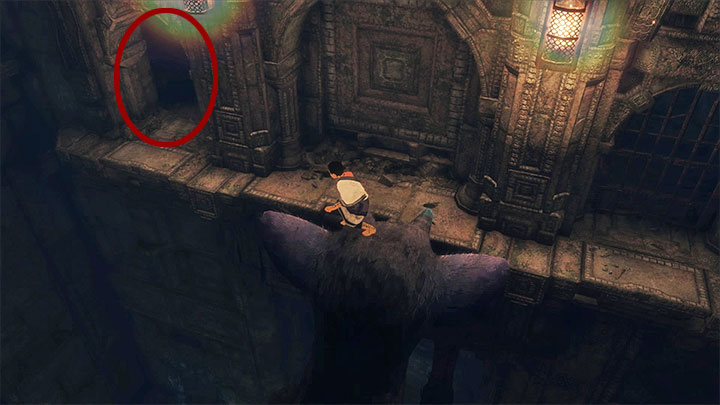 The small passage is under the ceiling, in the left corner of the second chamber - Cross two chambers with rotating guards | Walkthrough - Walkthrough - The Last Guardian Game Guide