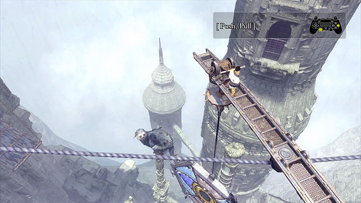 Push over the mechanism with the stained glass pane hanging down from - Climb over towers with ropes extended between them | Walkthrough - Walkthrough - The Last Guardian Game Guide