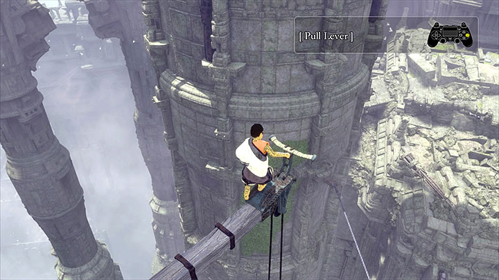 Use the lever to throw off the second stained glass pane - Climb over towers with ropes extended between them | Walkthrough - Walkthrough - The Last Guardian Game Guide