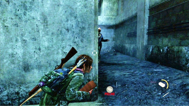 When the enemy that is the closest to you starts going right, you need to sneak ahead a bit and jump into the hole to the left - The Last of Us: The Hunt, Lakeside Resort Walkthrough - Lakeside Resort - The Last of Us Guide