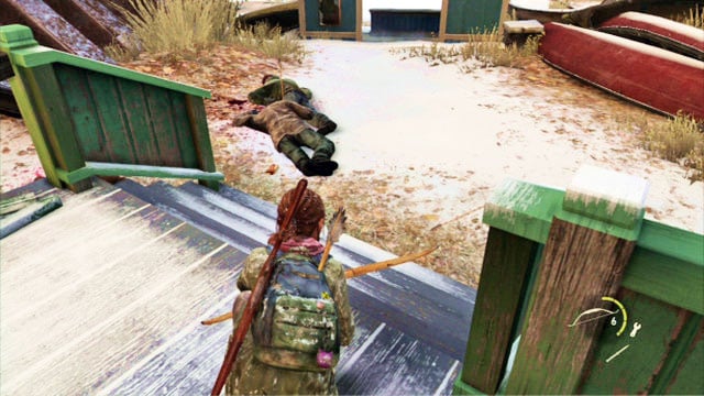 The next enemy will be standing at the entrance to the building, and another two, to the right of the house - The Last of Us: The Hunt, Lakeside Resort Walkthrough - Lakeside Resort - The Last of Us Guide