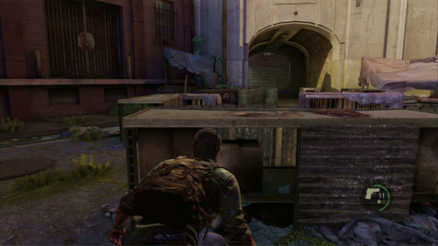 To eliminate the enemies, sneak over to the crates to the left and hide behind them to attack them from the side - The Last of Us: The Slum, The Quarantine Zone Walkthrough, map - The Quarantine Zone - The Last of Us Guide