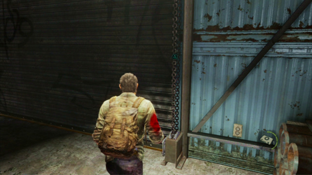 After you secure the area, approach the chain at the gate to the left and pull onto it , by pressing and holding down the triangle - The Last of Us: The Slum, The Quarantine Zone Walkthrough, map - The Quarantine Zone - The Last of Us Guide