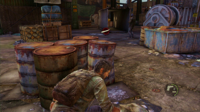 When Joel takes cover, you need to wait a bit and then, take cover behind the barrels to the right - The Last of Us: The Slum, The Quarantine Zone Walkthrough, map - The Quarantine Zone - The Last of Us Guide
