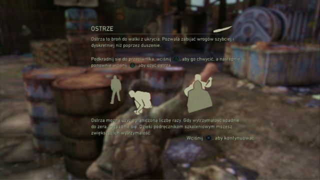 There is a knife on top of the barrels, which you can use in a way similar to strangling - by pressing the triangle instead of the square - The Last of Us: The Slum, The Quarantine Zone Walkthrough, map - The Quarantine Zone - The Last of Us Guide