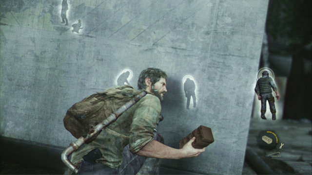 Listen out and wait for the enemy that is standing closest to you, approaches the water that is flowing down and turns away - The Last of Us: Downtown, The Outskirts Walkthrough, map - The Outskirts - The Last of Us Guide