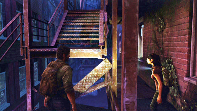 You need to talk to Tess there and then, climb up the fire escape to the rooftop - The Last of Us: The Museum, The Outskirts Walkthrough, map - The Outskirts - The Last of Us Guide