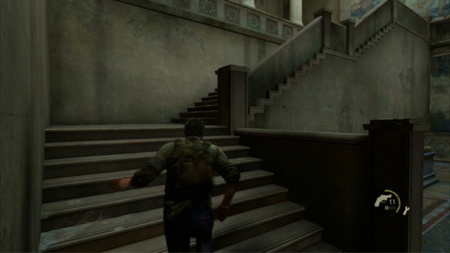 As soon as it is over, run up the stairs to the left and keep going right - The Last of Us: The Capitol Building, The Outskirts Walkthrough, map - The Outskirts - The Last of Us Guide