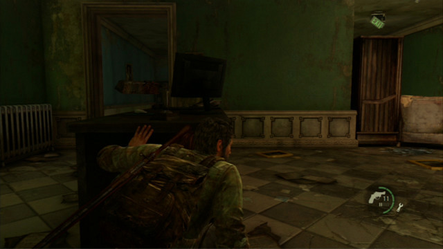 Right after you obtain the new piece of weaponry, go to the room at the left end and take cover behind the desk in the left corner of the room - The Last of Us: The Capitol Building, The Outskirts Walkthrough, map - The Outskirts - The Last of Us Guide