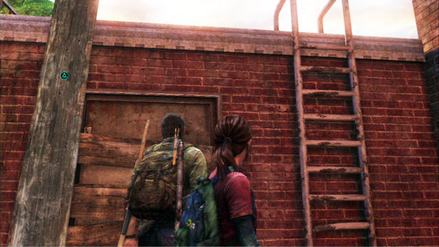 As soon as you walk over the plank, take the board with you and lean it against the nearby wall - The Last of Us: The Woods, Bills Town Walkthrough - Bills Town - The Last of Us Guide