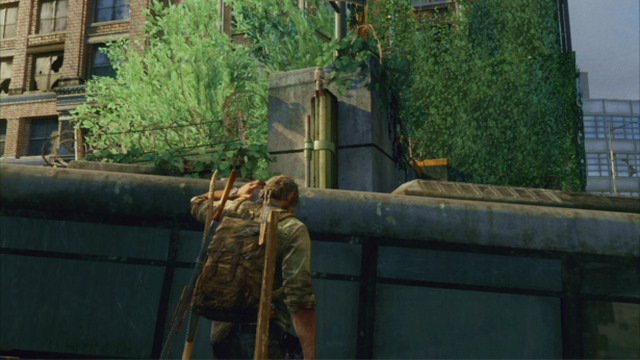 Once you have cleared the area, climb onto the car, and then onto the bus and jump over the fence - The Last of Us: Alone and Forsaken, Pittsburgh Walkthrough, map - Pittsburgh - The Last of Us Guide