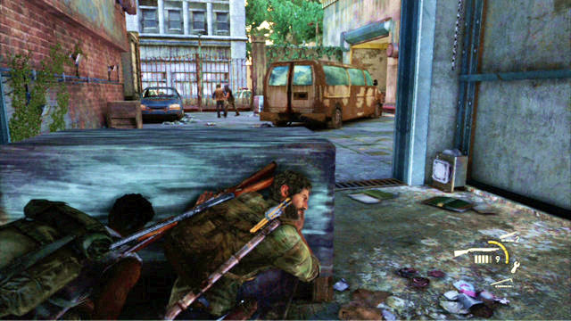 Once the car drives away, walk outside through the back door and get ready to meet three bandits - The Last of Us: Escape the City, Pittsburgh Walkthrough - Pittsburgh - The Last of Us Guide