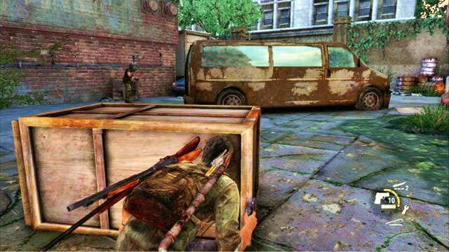 To eliminate them silently, wait for the enemy to the right to walk away and sneak over to the wall to the right - The Last of Us: Escape the City, Pittsburgh Walkthrough - Pittsburgh - The Last of Us Guide