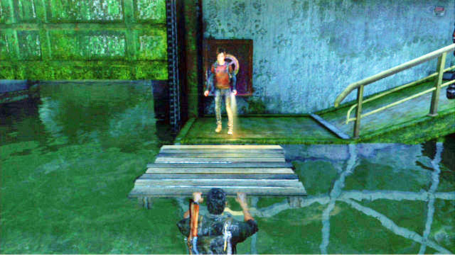 Now, you should take the wooden platform and swim up to Ellie with it - The Last of Us: Sewers, The Suburbs Walkthrough - The Suburbs - The Last of Us Guide
