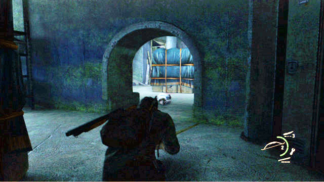 Once you reach the end, take cover and use the bow to take down the zombie approaching from the right - The Last of Us: Sewers, The Suburbs Walkthrough - The Suburbs - The Last of Us Guide