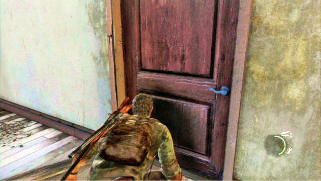 After you clear the area, go to the back of the building where the sniper is staying and enter though the door - The Last of Us: Suburbs, The Suburbs Walkthrough - The Suburbs - The Last of Us Guide