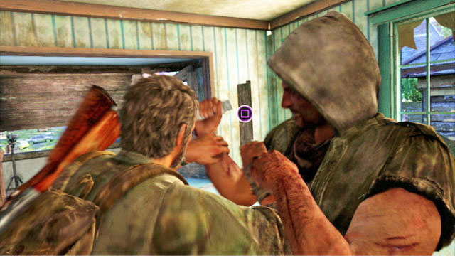 As soon as he attacks you, start tapping the square to counter his attack, and use the sniper rifle - The Last of Us: Suburbs, The Suburbs Walkthrough - The Suburbs - The Last of Us Guide